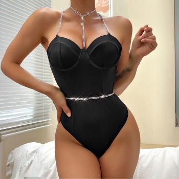 Chain-Enhanced Cross Back Bodysuit - L/XL