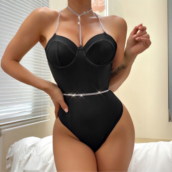 Um clássico moderno, este body combina elegância e ousadia com detalhes sedutores em corrente. Vem em embalagem plástica com zíper!