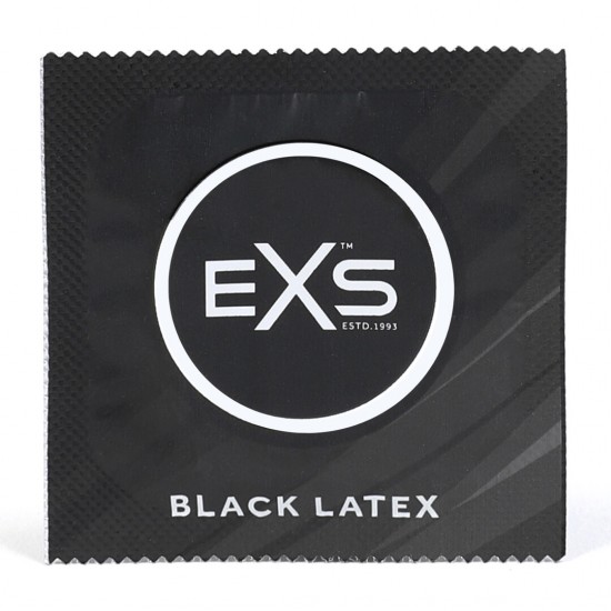 Os preservativos de látex EXS Extra Black não têm cheiro de látex e são feitos de um composto de látex natural sedoso de cor preta. O preservativo de látex preto EXS tem 54 mm de largura e uma extremidade alargada e conf