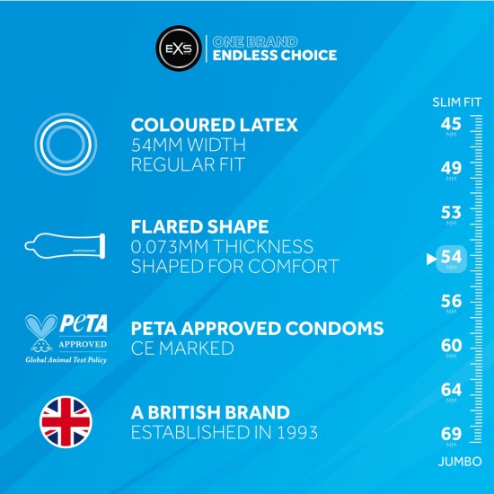 Os preservativos de látex EXS Extra Black não têm cheiro de látex e são feitos de um composto de látex natural sedoso de cor preta. O preservativo de látex preto EXS tem 54 mm de largura e uma extremidade alargada e conf