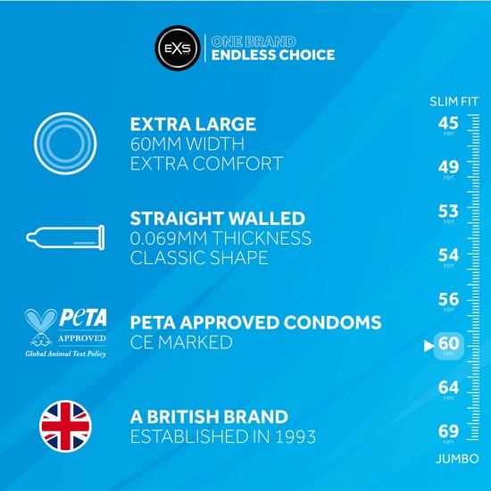 Se você precisa de um preservativo maior, o EXS Magnum é a opção ideal. Eles vêm com 60 mm de largura e bico alargado para maior conforto. Os EXS Magnum não têm cheiro de látex e são feitos de um látex fino, porém resist