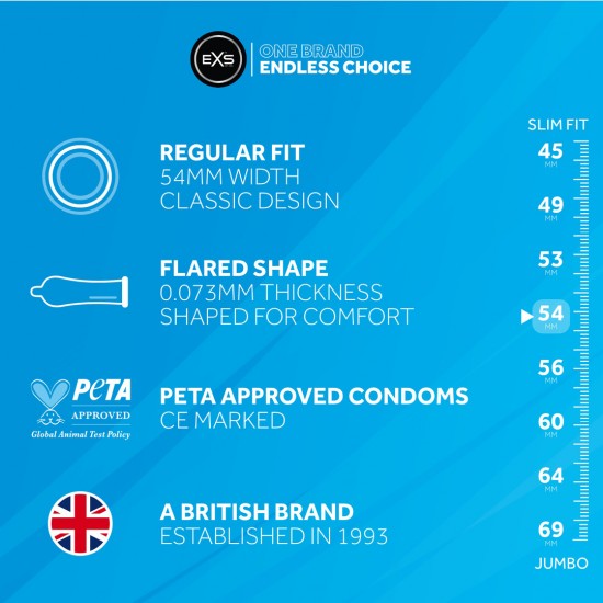 EXS Regular é o preservativo original e mais vendido de todos os preservativos EXS. Os preservativos EXS Regular têm 54 mm de largura e bico alargado, sendo adequados para a maioria dos homens usarem com confiança. Os pr
