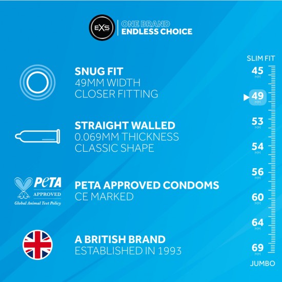 Contém 48 preservativos EXS Snug Fit de látex premium. Os preservativos EXS Snug Fit são perfeitos para quem tem um pênis de tamanho modesto e para quem gosta de um ajuste confortável e mais firme. Projetados para perman