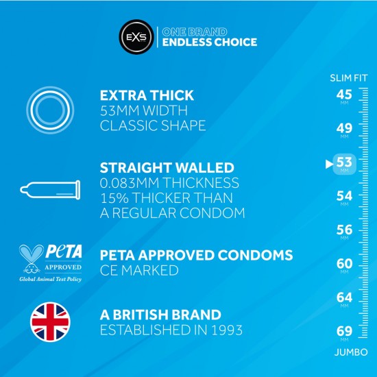 Tamanho: 53 mm de largura, 190 mm de comprimento Espessura: 0,083 mm Características: Parede reta, Ponta do teto Experimente maior proteção e tranquilidade com os preservativos EXS Extra Grossos. Desenvolv