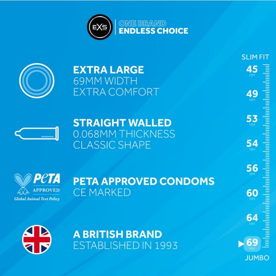 Tamanho: 69 mm de largura, 223 mm de comprimento Espessura: 0,069 mm Características: Parede reta, Ponta do teto Experimente conforto e confiança incomparáveis ​​com os preservativos EXS Jumbo Pack. Projet