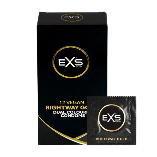Os preservativos EXS Rightway Gold eliminam as dúvidas sobre sexo seguro. Com um design inteligente em duas cores, com uma ponta dourada na parte externa e um branco fosco na parte interna, eles facilitam a visualização