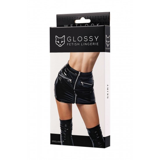 Glossy Billie Skirt – Preto, Tamanho L é uma saia elegante e sensual feita do popular material Wetlook, dando-lhe uma aparência brilhante e luxuosa . A saia se ajusta perfeitamente ao corpo, acentuando as curva