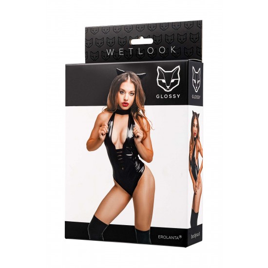 Glossy Kitti Bodysuit com Orelhas de Gato – Preto, Tamanho L é um body sensual feito do popular material Wetlook, dando-lhe uma aparência brilhante e luxuosa . O design também apresenta orelhas de gato fofas, a