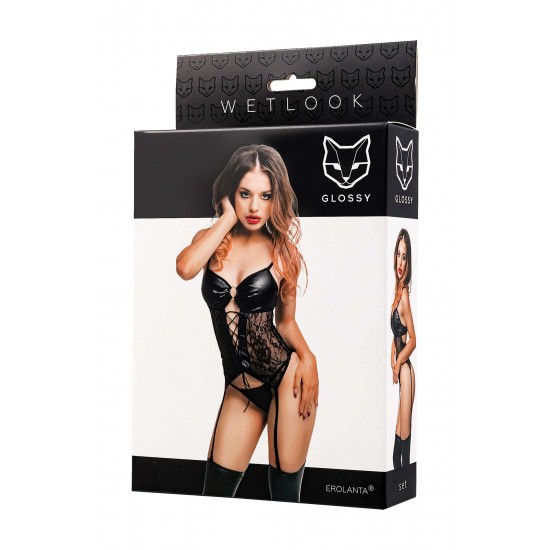 Conjunto Miriam Brilhante – Preto, Tamanho XL é um conjunto sensual e elegante feito do popular material Wetlook, dando-lhe uma aparência brilhante e luxuosa . O conjunto se ajusta perfeitamente ao corpo, acent