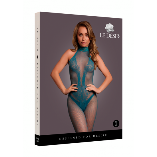 Bodystocking com uma combinação de estampa de renda e arrastão. Este modelo tem decote halter e virilha aberta. Este bodystocking tem bastante elasticidade e pode ser usado do tamanho XS ao GG.