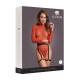 Cative com nosso Body Brilhante com Costas Abertas e seja o centro das atenções com nosso hipnotizante body vermelho brilhante com costas abertas, adornado com ligas de couro PU preto e glitter dourado. Esta peça ousada