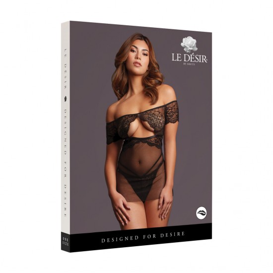 Babydoll transparente com ombros à mostra, detalhes delicados em renda e abertura frontal. O tecido macio e super elástico veste do tamanho S ao XL.