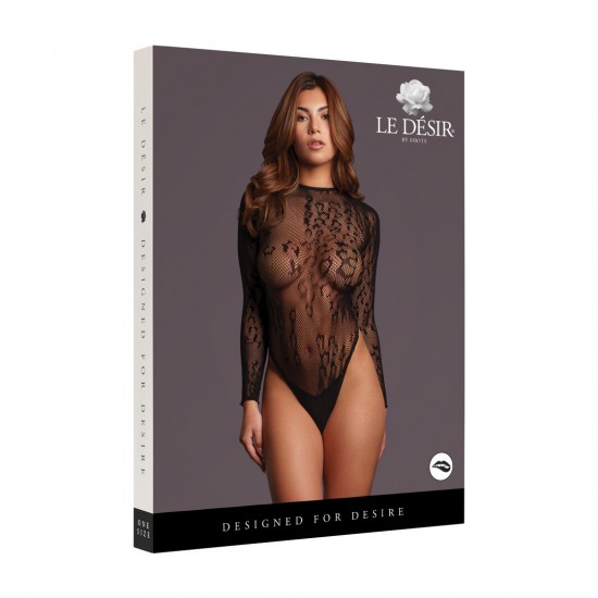 Body de malha transparente com estampa de leopardo, mangas compridas e design sem entrepernas. O tecido macio e super elástico veste tamanhos do P ao GG.