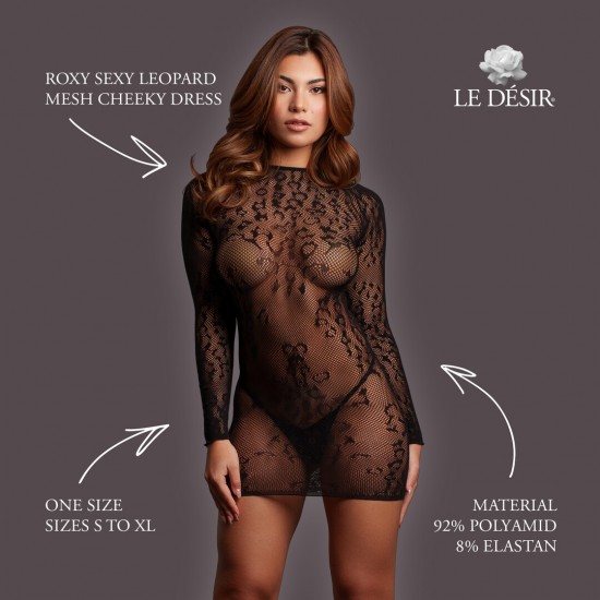 Vestido de tule transparente com estampa de leopardo, mangas compridas e modelagem ousada. O tecido macio e super elástico veste do tamanho XXL ao 5XL.