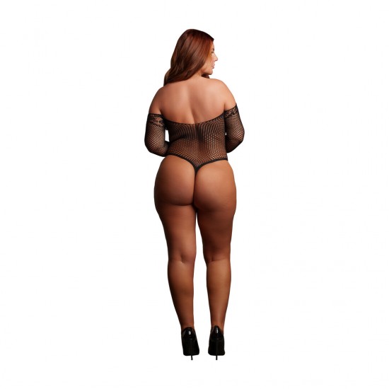 Body de renda transparente com mangas compridas e decote ombro a ombro. O tecido macio e super elástico veste do tamanho XXL ao 5XL.
