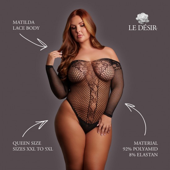 Body de renda transparente com mangas compridas e decote ombro a ombro. O tecido macio e super elástico veste do tamanho XXL ao 5XL.