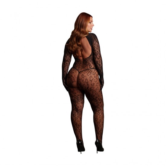 Macacão transparente de malha com estampa de leopardo, mangas compridas e entrepernas aberta. O tecido macio e super elástico veste do tamanho XXL ao 5XL.