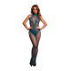 Bodystocking com uma combinação de estampa de renda e arrastão. Este modelo tem decote halter e virilha aberta. Este bodystocking tem bastante elasticidade e pode ser usado do tamanho XS ao GG.