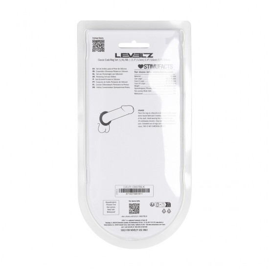 Eleve seu jogo com este trio essencial da coleção LEVELZ. Este conjunto sem vibração inclui três anéis penianos de silicone seguros para o corpo, nos tamanhos grande, extragrande e XXL, perfeitos para uso com eixo, pênis