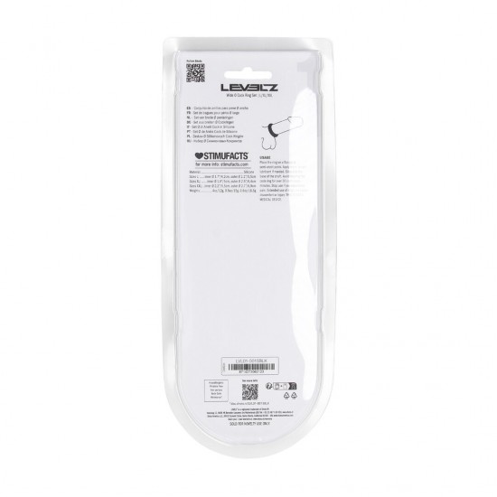 Eleve seu jogo com este trio essencial da coleção LEVELZ. Este conjunto sem vibração inclui três anéis penianos de silicone seguros para o corpo, nos tamanhos L, XL e XXL, perfeitos para uso com eixo, pênis e testículos