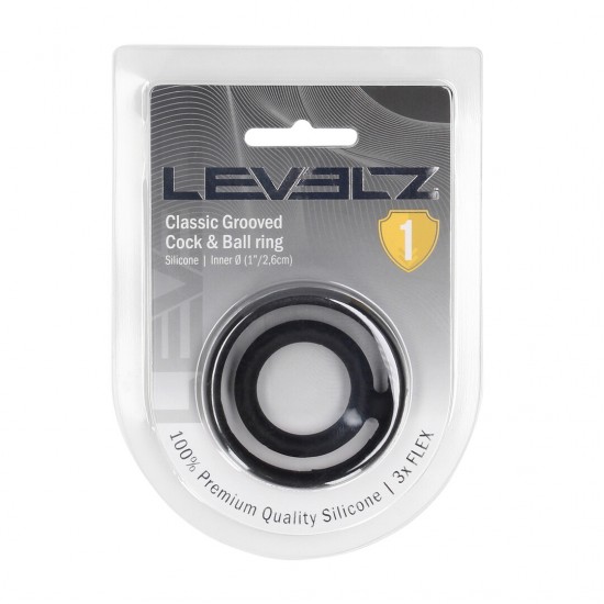Anel peniano e escrotal de silicone com ranhuras clássicas - Preto Garanta prazer duradouro com este anel peniano e escrotal de dupla ação da coleção LEVELZ. Projetado para envolver tanto o pênis quanto o escroto, ele aumenta a firmeza, proporcionando alongamento e pressão satisfatórios