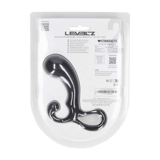 Massajador da próstata de silicone com alça - M - Preto Acerte o ponto certo sempre com este estimulador de próstata da coleção LEVELZ. Feito de silicone premium, este design Level 2 oferece uma versão única do formato clássico de um estimulador, com curvas suaves e ângulos p