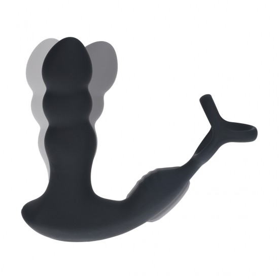 Estimulador da próstata de silicone com cabeça giratória e vibração dupla com anel peniano e escrotal - Preto Intensifique o seu prazer com o Estimulador de Próstata com Cabeça Dupla Vibratória e Rotativa. Projetado para máxima estimulação, este brinquedo avançado possui uma cabeça massajadora giratória e dois motores vibratório
