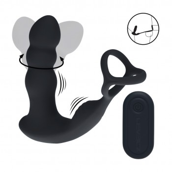 Estimulador da próstata de silicone com cabeça giratória e vibração dupla com anel peniano e escrotal - Preto