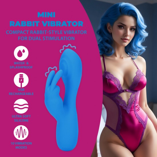 Descubra o Mini Vibrador Rabbit da Loveline. Um vibrador compacto em formato de coelho, projetado para manuseio confortável e controle fácil. Seu formato permite estimulação dupla de maneira simples e discreta. Com múlti
