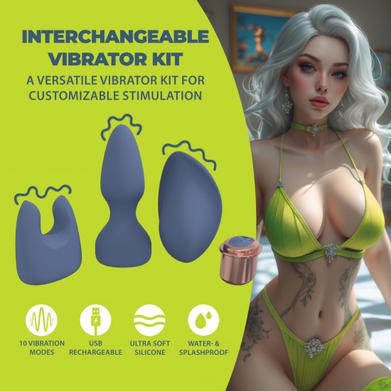 Apresentamos o Kit Vibrador Intercambiável, um conjunto versátil e compacto projetado para estimulação personalizada e conforto no dia a dia. Com um vibrador potente e intercambiável e capas com formato ergonômico, ele p