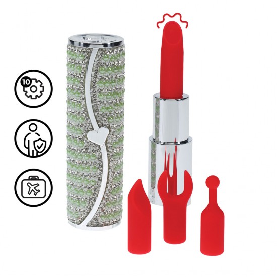 Disfarçado de um item de beleza de luxo, este vibrador elegante vem com um estojo deslumbrante, uma corrente estilosa e duas cabeças de silicone intercambiáveis ​​para um prazer personalizado. Potente e discreto, é o ace