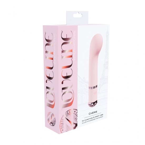 O Chérie da Loveline International, Coleção Paris, é um vibrador suave para o ponto G com 10 modos de funcionamento. Operando a menos de 50 dB, proporciona prazer discreto e até 55 minutos de uso com uma única carga. Fei