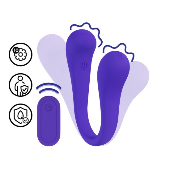 Apresentando o Vibrador Flexível com Duas Extremidades da Loveline. Um vibrador flexível com duas extremidades e controle remoto, projetado para versatilidade e conforto. Com bulbos de gotas vibratórias em cada extremida