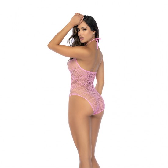 A doçura encontra a sedução neste body de rede com estampa de corações, onde strass brilhantes acentuam apenas o motivo de coração, adicionando um toque divertido de brilho. O decote halter emoldura os ombros, enquanto o