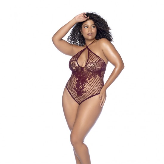 Um body de rede versátil que pode ser usado com decote halter ou cruzado. Possui detalhes florais na frente e um charmoso design com amarração nas costas.