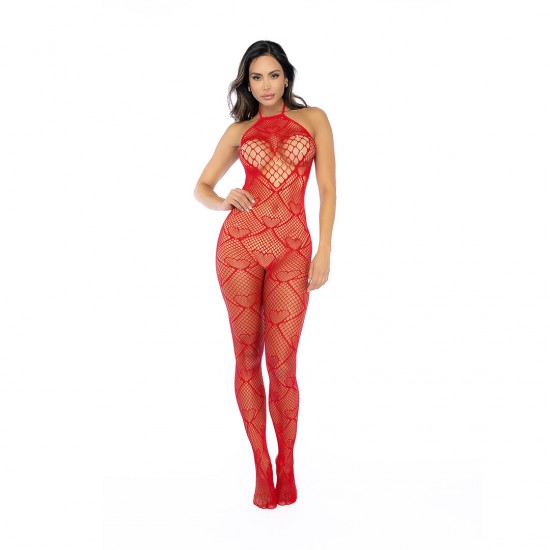 A doçura encontra a sedução neste body de rede com estampa de corações, onde strass brilhantes acentuam apenas o motivo de coração, adicionando um toque de brilho divertido. O decote halter emoldura os ombros, enquanto o