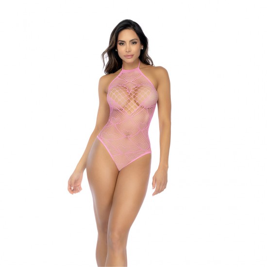 A doçura encontra a sedução neste body de rede com estampa de corações, onde strass brilhantes acentuam apenas o motivo de coração, adicionando um toque divertido de brilho. O decote halter emoldura os ombros, enquanto o