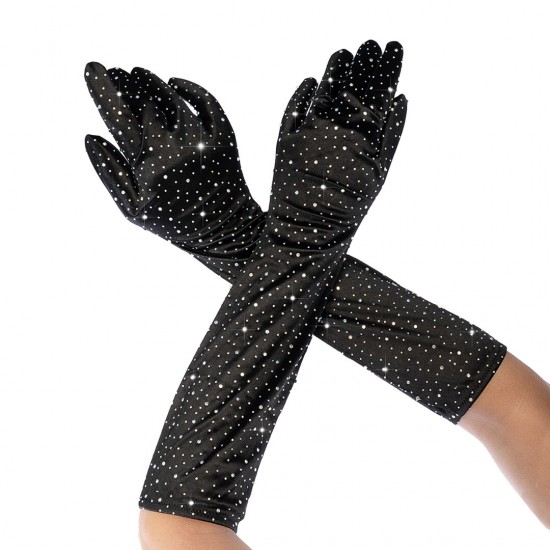 Adicione um toque de drama com estas luvas de ópera em cetim, adornadas com strass brilhantes para um acabamento sedutor e glamoroso. O acessório perfeito para noites que pedem luxo e um toque de ousadia.