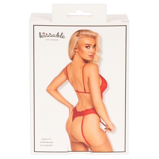 Corpo suspensório em estilo exclusivoFeito inteiramente de delicada renda vermelhaDetalhes douradosDecote extra profundo com pontesCom pedras brilhantes e laçosDe volta com um look de duas peçasFecho de gancho nas costas