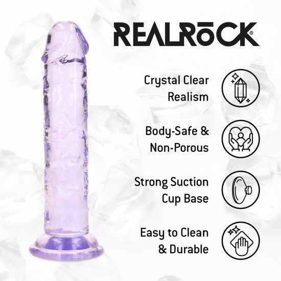 Este modelo REALROCK CRYSTAL CLEAR apresenta uma silhueta suave e elegante, projetada para uma estimulação confortável e focada. Seu formato refinado proporciona uma sensação realista, mantendo um design versátil e minim
