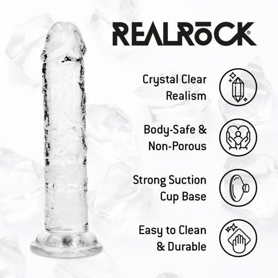 Este modelo REALROCK CRYSTAL CLEAR apresenta uma silhueta suave e elegante, projetada para uma estimulação confortável e focada. Seu formato refinado proporciona uma sensação realista, mantendo um design versátil e minim