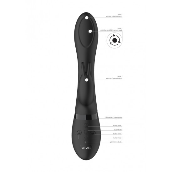 O MIRA, um vibrador de silicone multifuncional em formato de coelho para o ponto G, possui uma ponta estimuladora de 10 funções com esferas giratórias, além de uma ponta vibratória para o ponto G com 10 funções e um vibr