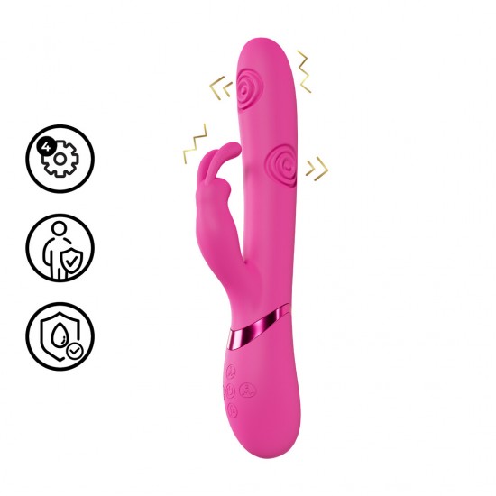 O vibrador VIVE062 é superior à concorrência. Três motores F1 de nova geração, com 10 funções cada, controlados independentemente, alimentam este vibrador de design elegante. Possui função de vibração na ponta para o pon