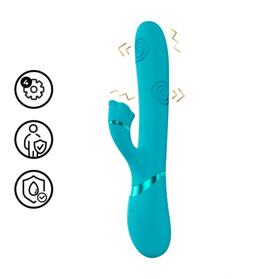 O vibrador VIVE063 é superior à concorrência. Três motores F1 de nova geração, com 10 funções cada, controlados independentemente, alimentam este vibrador de design elegante. Possui função de vibração na ponta para o pon