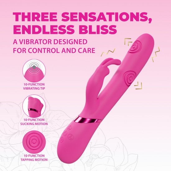 O vibrador VIVE063 é superior à concorrência. Três motores F1 de nova geração, com 10 funções cada, controlados independentemente, alimentam este vibrador de design elegante. Possui função de vibração na ponta para o pon