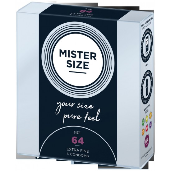 Preservativos MISTER SIZE 64 mm 3 pcs Com o MISTER SIZE 64 você tem o preservativo que lhe dá uma sensação de bem-estar total. Beliscões,beliscar e a sensação de que sua masculinidade está sendo sufocada agora são história! A partir deagora começa o puro pra
