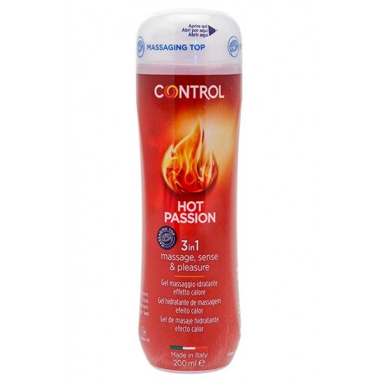 Control Hot Passion é um gel de massagem 3 em 1, com efeito calor.  Desperta momentos de prazer graças à sua inovação tripla: ação massajadora, lubrificante e estimulante. Ideal para sensuais massagens em todo o co