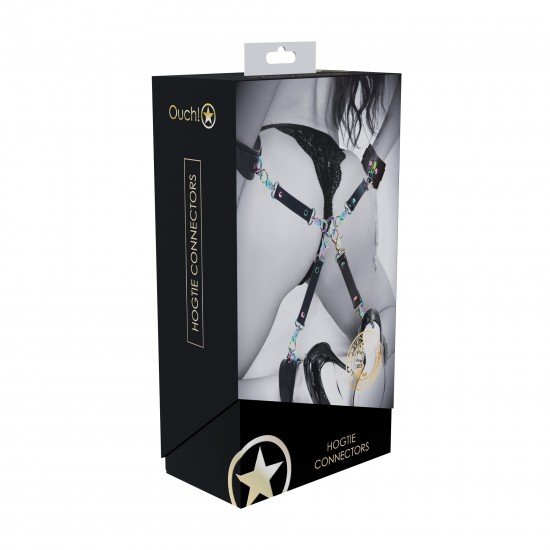 Venice Collection - Hogtie Connectors - Preto Combine suas algemas de pulso e tornozelo favoritas com esta coleção 4-WAY Venice Hogtie da Ouch!. A contenção de corpo inteiro nunca foi tão fácil. Feitos de couro colado, eles apresentam um acabamento iridescente em se