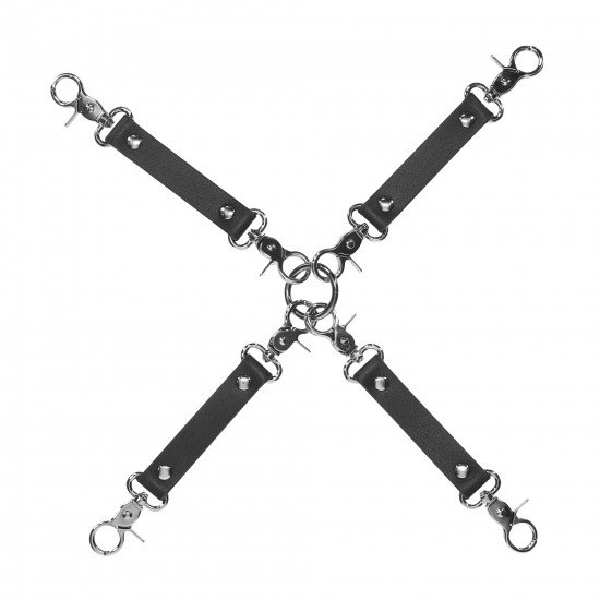 Venice Collection - Hogtie Connectors - Preto Combine suas algemas de pulso e tornozelo favoritas com esta coleção 4-WAY Venice Hogtie da Ouch!. A contenção de corpo inteiro nunca foi tão fácil. Feitos de couro colado, eles apresentam um acabamento iridescente em se