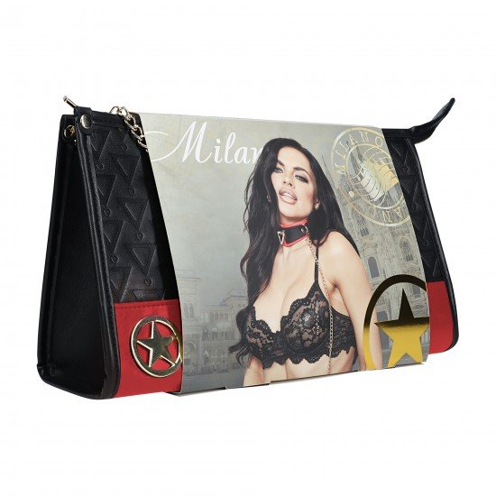 Milan Collection - Carteira com Kit - Preto/Vermelho O Milan Collection Kit da Ouch! vem em uma bolsa linda, com um visual iridescente de alta qualidade em seu hardware, e inclui uma coleira e guia, um conjunto de algemas e um conjunto de algemas de tornozelo, uma venda, u